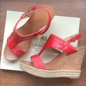 Coach Sandal coral Wedge size 8 leather/fabric